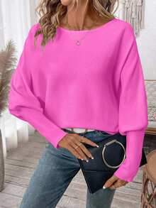 SHEIN Plus Size Women's Casual Off-Shoulder Batwing Sleeve Solid Color Knit Sweater, Loose Pullover Top For Autumn/Winter - Baby Pink - View 3