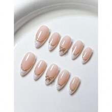 10Pcs Almond Shape Handmade Vine Gold Edge Silver/White Spiral Cute Luxury Bowknot Spring Fresh Style Nail Stickers Press-On Nails With Jelly Glue And Nail File Nail Supplies Nails - Multicolor - View 4