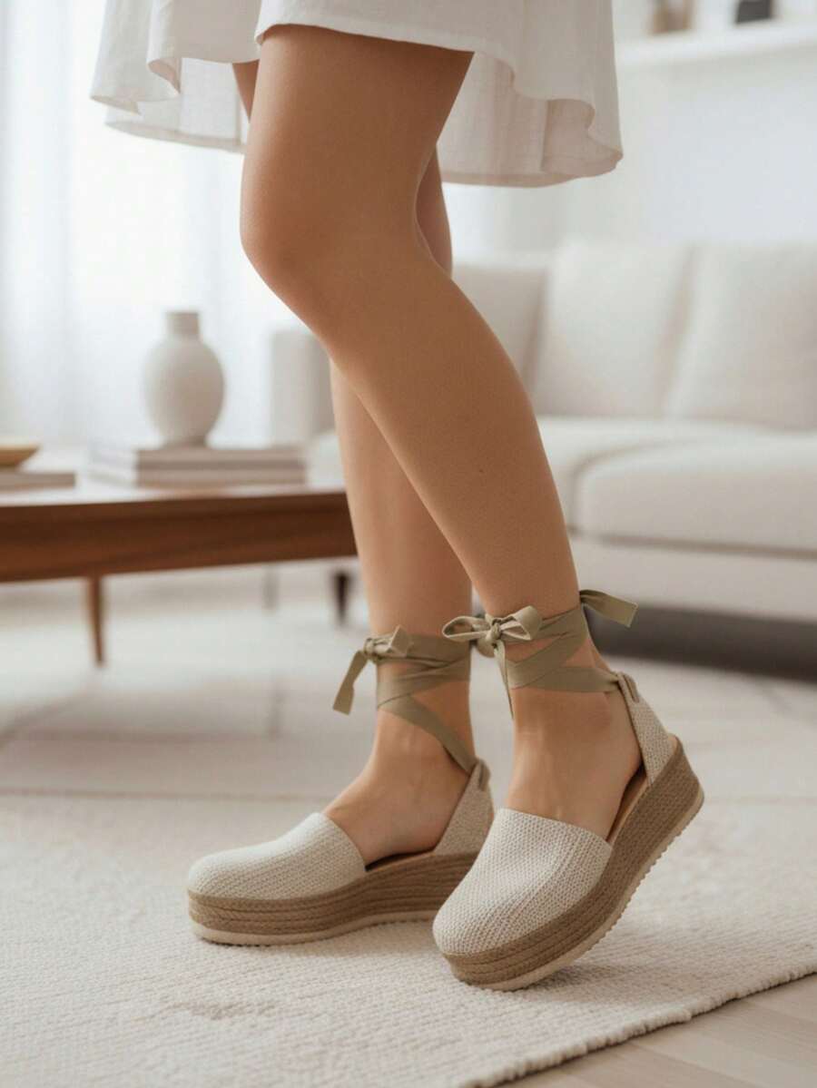 Alpargatas de plataforma con cintas al tobillo en beige, negro y azul: versatilidad, frescura y estilo para primavera-verano - Beis - Ver 1