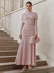 SHEIN Unity 2026 Spring Elegant Ruched Pink Maxi Dress, Luxury Wedding Guest Dress - Pink - View 1