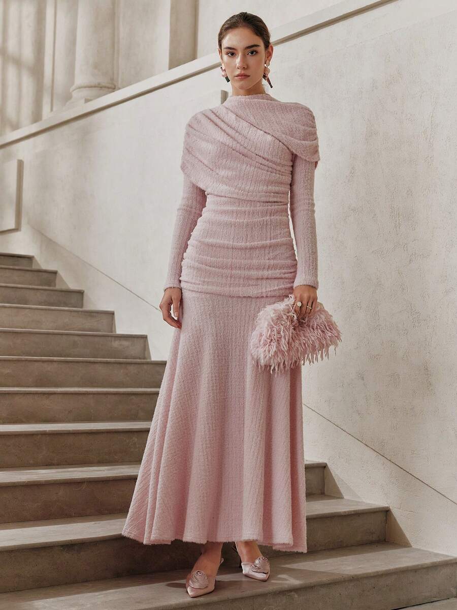 SHEIN Unity 2026 Spring Elegant Ruched Pink Maxi Dress, Luxury Wedding Guest Dress - Pink - View 1