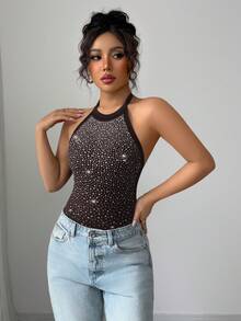 Elenzga Women's Sexy Backless Halter Rhinestone Bodysuit - Coffee Brown - View 5