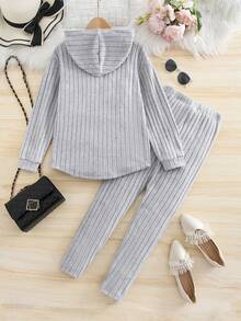 SHEIN Explorewe 2件套 少女罗纹连帽衫上衣（不对称下摆）和打底裤 - 灰色 - 查看 2