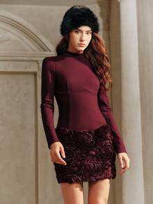 Anewsta Savoree 春季新款优雅花卉拼接长袖修身连衣裙，酒红色，适合派对和鸡尾酒会 - 酒紅色 - 查看 5