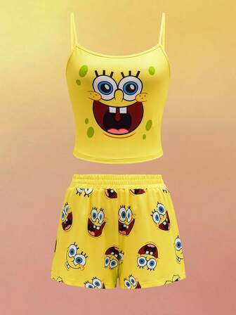 SpongeBob SquarePants | SHEIN 女士可爱卡通图案吊带背心和短裤睡衣套装，舒适