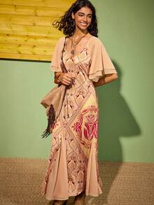 Felipe Marques Váy ngắn cổ chữ V sâu in họa tiết hoa và chim gợi cảm dành cho nữ, thích hợp mặc dự tiệc, dạ hội, đi nghỉ, thường ngày vào mùa thu/đông - Màu Khaki - Xem 1