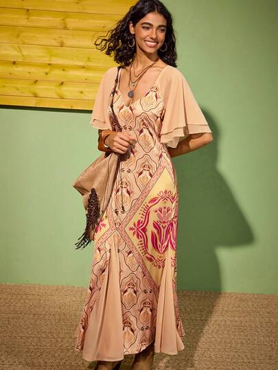 Felipe Marques Women's Floral & Bird Print Sexy Deep V-Neck Short Sleeve Dress, Suitable For Party, Evening, Vacation, Casual Wear In Autumn/Winter