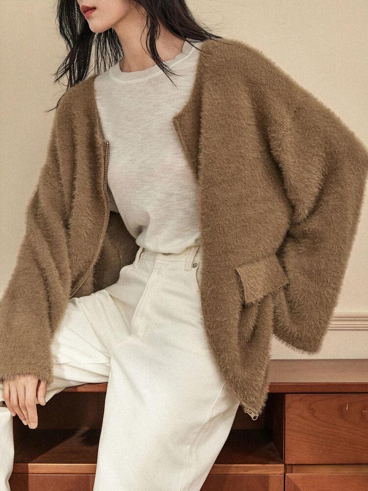 Women's Solid Color Long Sleeve Zip-Up Loose Knit Cardigan, Autumn/Winter