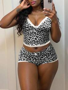 女士性感时尚街头豹纹撞色蕾丝修身露脐吊带背心和短裤套装 - 灰色 - 查看 3