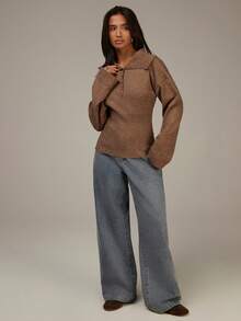 Athîral Women's Casual Brown Knit Sweater, Long Sleeve Polo Collar Button Up Slim Fit Ribbed Pullover Casual Cozy Top,Sweaters For Women - Camel - View 5