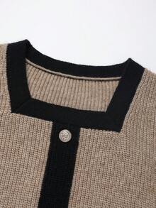 Franclia European & American Style Blogger Same Elegant Metal Buckle Contrast Color Square Collar Fitted Puff Sleeve Pullover Sweater - Khaki - View 3