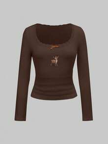 ROMWE J-Fashion Cute Deer Embroidered Lace Blouse Paired With Deer Print Flare Pants, Autumn/Winter