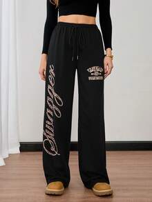 SHEIN Tall 女士秋冬/夏季及夏季街头服饰比赛日返校复古猎豹印花舒适黑色宽松阔腿运动裤 - 黑色 - 查看 10