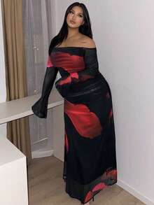 SHEIN Privé 优雅通勤职场精致高端下午茶略带性感约会音乐会派对INS复古学院风优雅性感派对聚会约会花卉网纱印花弹力网纱露肩网纱罩衫长袖半透明性感美人鱼连衣裙；假日；新年；派对；优雅办公室仙女裙；新年派对连衣裙 - 彩色 - 查看 2