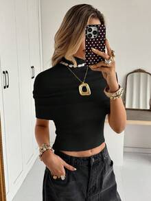 Siren Gaze Women's Elegant Solid Color Turtleneck Wrap Knit Top Summer Black Casual - Black - View 8