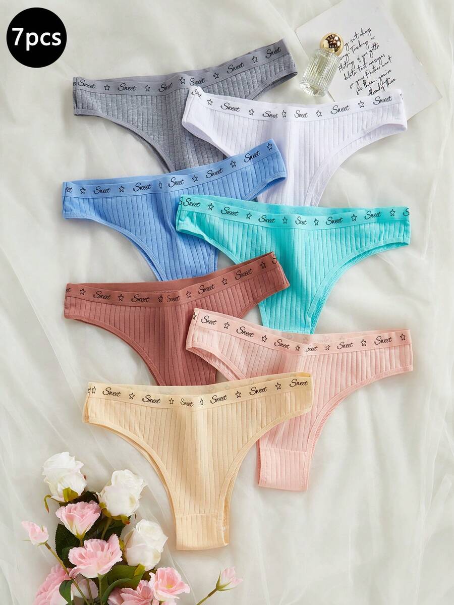 Girls Teen Underwear 7-Piece Set - Sweet Letter Print Ribbed Panties Combo Multi-Color Macaron Color Palette Match Gray White Blue Green Pink Orange Yellow Seven-Color Set Sweet Letter Waistband Decoration Ribbed Elastic Comfortable Fabric Low-Rise Triangle Panty Fit Social Media Style Sweet Girl Aesthetic Spring Summer Autumn Holiday Essential Girls Teen Underwear Set - Multicolor - View 1
