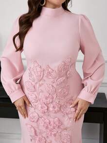 Modelyn Elegant Pink Plus Size Maxi Dress With Stand Collar And Puff Sleeves Embellished With Floral Applique For Women Fall - Pink - View 7