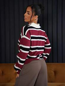 SAYEHFBABY Pull ample à col roulé rayé rouge de Noël, manches longues, vêtements d'automne pour femmes - Rouge foncé - Voir 2