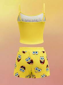 SpongeBob SquarePants | SHEIN 女士可爱卡通图案吊带背心和短裤睡衣套装，舒适 - 黃色 - 查看 2