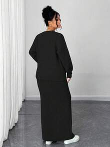Elenzga Plus Size Elegant Solid Color Button-Front Cardigan And Skirt 2-Piece Set, Autumn/Winter - Black - View 2