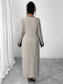 SHEIN Elenzya Plus Size Women's Elegant Luxury Contrast Color Open Front Long Sleeve Metal Button Dress, Autumn - Grey - View 2
