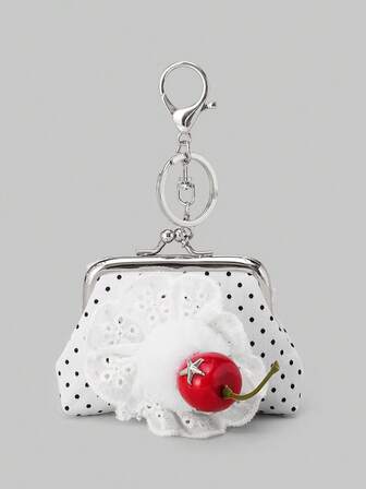 Kawaii 1 pezzo Portamonete bianco a pois con decorazione a pon pon a forma di ciliegia, piccola borsa portacarte, può essere usata come ciondolo