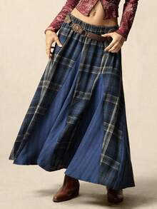 SoleilVie 休闲复古不对称拼接格子裙 - 藍色 - 查看 5