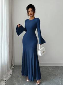 Elenzga Vestido elegante de mujer con volantes en las mangas, ajustado y con bajo de cola de sirena, para otoño/invierno - Azul Marino - Ver 5