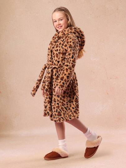  SUMWON Girls Leopard Print Hooded Dressing Gown Soft Fleece Bathrobe Winter Sleepwear Cozy For Casual And Vacation