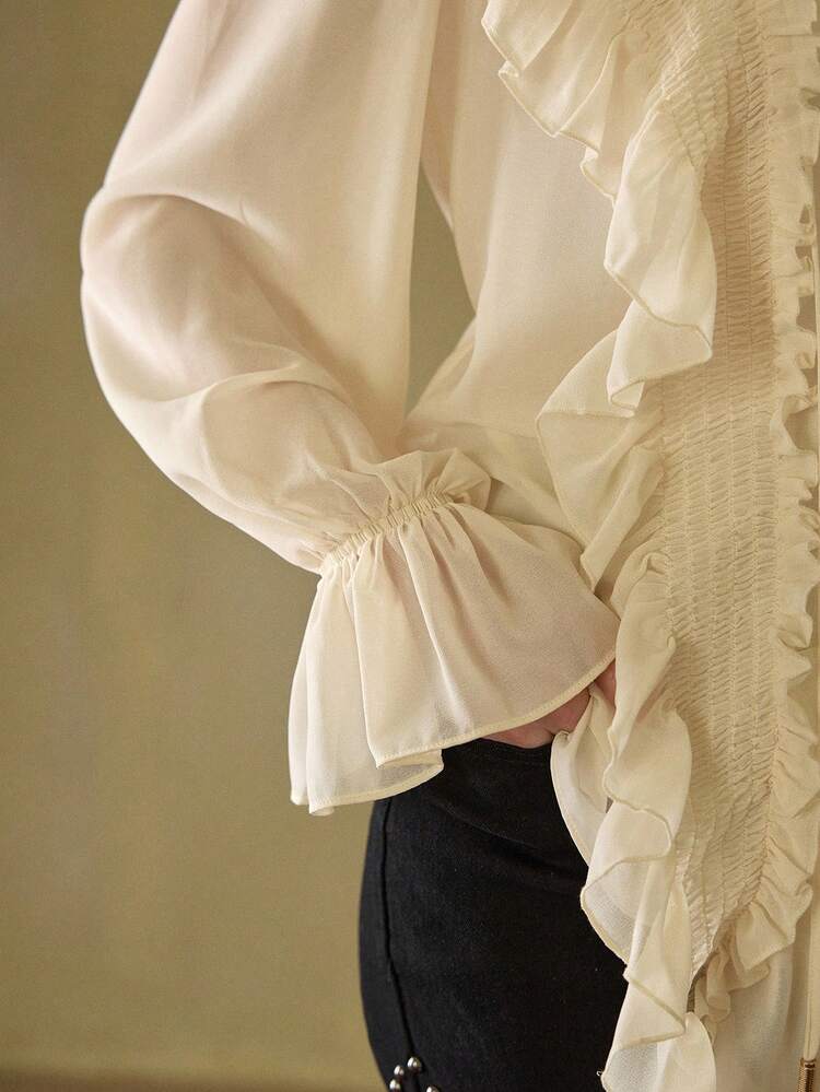 MOTF STUDIO WOMEN'S CHIFFON RUFFLE TIE FRONT LOOSE FIT LONG SLEEVE BLOUSE