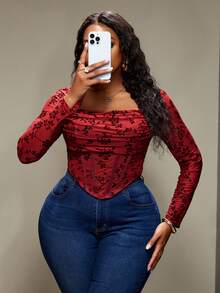 Truni Plus Size Women's Long Sleeve Crew Neck T-Shirt Top, Flocked Floral Pattern Waist Fitted Top, For Pear Triangle Body Shape - Red - View 5