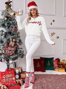 EMERY ROSE Women's Crew Neck Drop Shoulder Long Sleeve Letter Knit Sweater - White - View 5