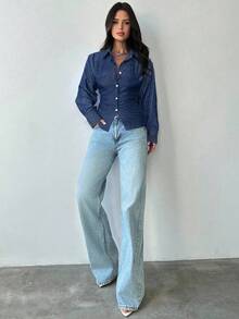 Firerie Women's Blue & White Striped Long Sleeve Shirt, Tie-Waist Blouse, Casual Commuter Shirt, Vacation Shirt, Cinched Waist Striped Shirt, Suitable For Spring, Summer, Autumn, Winter, Elegant, Vacation, Bohemian, Work Attire Buisness Casual Women Shirts Office Shirts For Women Blue Striped Shirt - Navy Blue - View 8