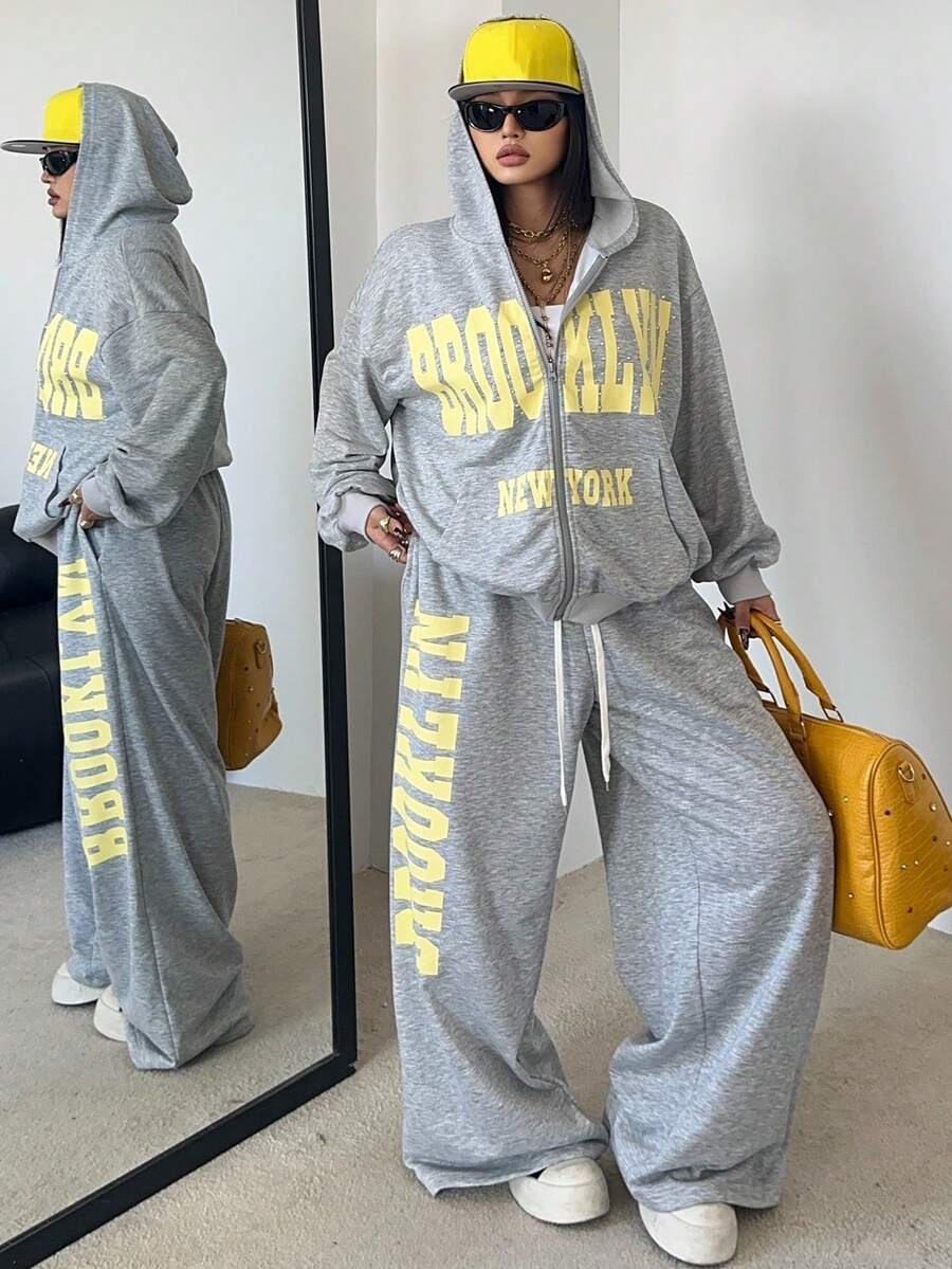 POPSWAY Bộ đồ thể thao dài hai mảnh in họa tiết tối giản giản dị - Xám - Xem 1