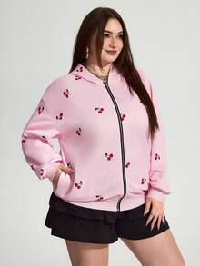Enliva Moletom feminino plus size folgado, estampa de flor de cerejeira, volta às aulas, moletons, com capuz, blocos de cores, frutas e vegetais, poá, roupas de outono para mulheres, inverno, CURVE PLUS - Rosa - Ver 5