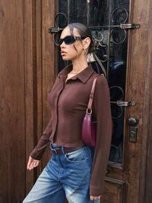 Chiquease Women's Solid Color Button-Up Short Sleeve Shirt - Chocolate Brown - View 4