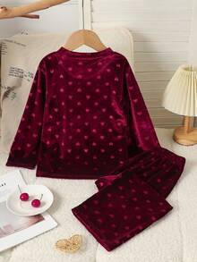 2 pièces/Set Tenue confortable et chaude en velours avec motif cœur pour filles, convient pour l'automne/l'hiver - Rouge foncé - Voir 2