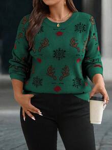 EMERY ROSE Plus Size Women's Christmas Party Snowflake Knit Sweater Top - Multicolor - View 1