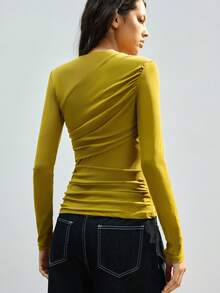 Maija Women's Solid Color Asymmetric Design Versatile Modern Urban Crew Neck Long Sleeve Top, Suitable For Commuting, Office, Business Casual, Party, Dating, Elegant