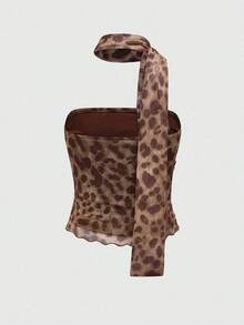 Crop top strapless dama mujer animal print cuello bufanda ajustable diseño fruncido entallado corto estilo chic casual verano ocasión especial - Café integral - Ver 2
