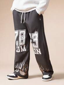 SUMWON Boys Grunge Style Wide Leg Pants With Flame Print And Varsity Numeric Graphics For Casual School Wear Vacation - Black - View 4