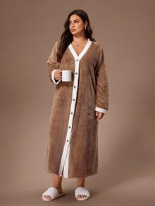 Lazeform Robe de chambre en flanelle à blocs de couleurs grande taille, moelleuse pour l'hiver - Camel - Voir 5