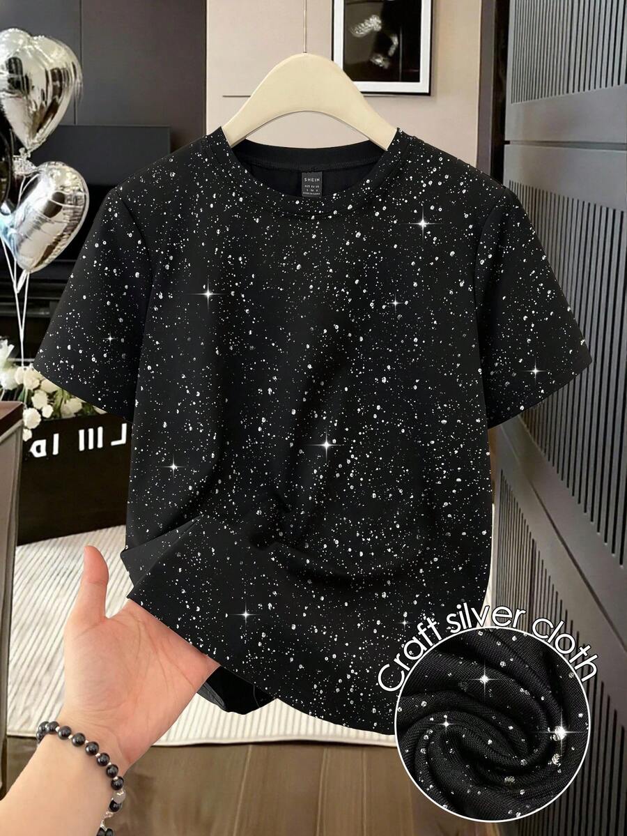 GlowEve 女士新款时尚亮片圆领长袖休闲T恤,适合日常穿着 - 黑色 - 查看 1
