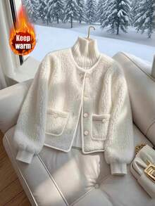 GlowEve 女士时尚保暖羊毛纽扣常规夹克，秋季 - 白色 - 查看 1