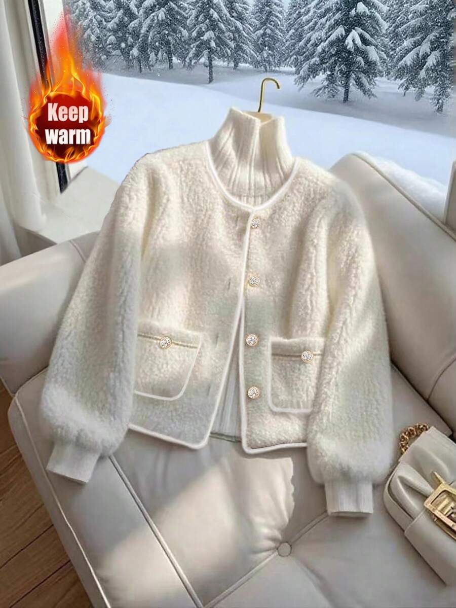 GlowEve 女士时尚保暖羊毛纽扣常规夹克，秋季 - 白色 - 查看 1