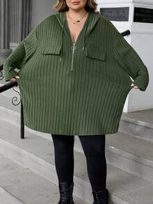 SHEIN CURVE+ Curve Plus Size Women Casual Loose Hooded Half Zip Metal Decor Ribbed Pullover T-Shirt, Autumn/Winter