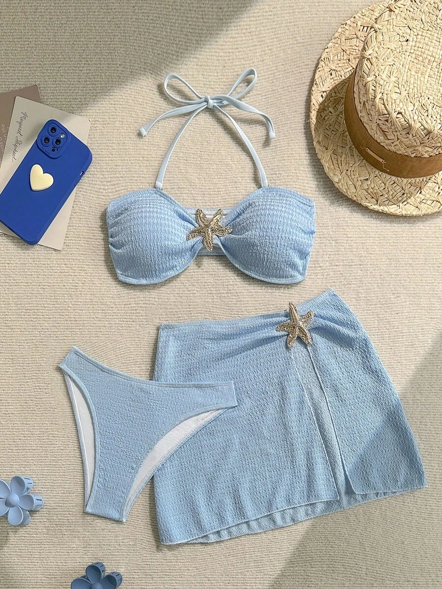 Soleia Plus Size Women's Summer Sexy Beach Vacation Style Solid Color Textured Fabric Metal Starfish Decor Twist Front Halter Bikini 3-Piece Swimsuit Set - Baby Blue - View 1