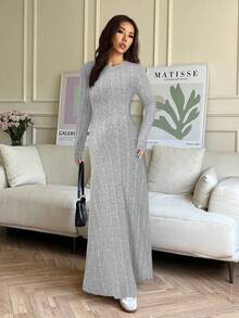 SHEIN EZwear Váy len dệt kim đơn giản, màu trơn, dáng suông ... - Xám - Xem 6