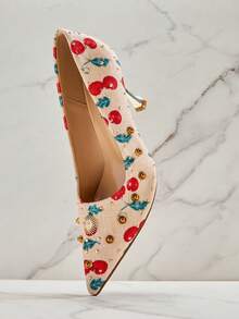 SHUZIA 女士时尚樱桃印花金属铆钉高跟鞋 - 米色 - 查看 2