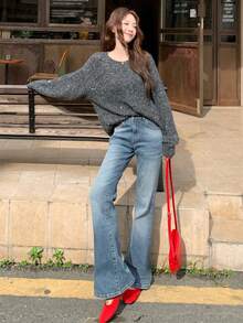 DAZY Quần jeans ống loe phong cách Hàn Quốc thường ngày giặt rách dành cho nữ - Màu xanh lam - Xem 6